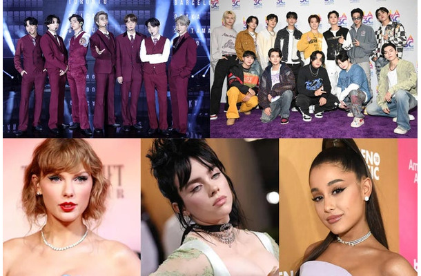 （上段左から）BTS、SEVENTEEN（下段左から）テイラー・スウィフト、アリアナ・グランデ、ビリー・アイリッシュ／Photo by Getty Images