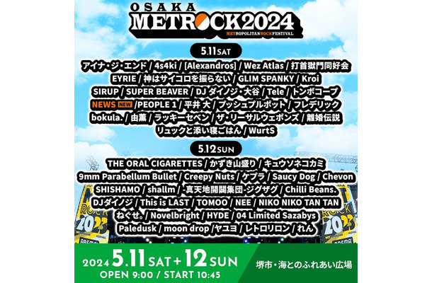 「METROCK2024」アーティスト出演日別一覧／大阪（提供写真）