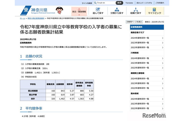 令和7年度 神奈川県立中等教育学校の志願状況