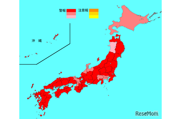 インフルエンザ流行レベルマップ2025年第3週（1月13日～19日）※警報レベル超えの保健所がある都道府県は赤色3段階で表示