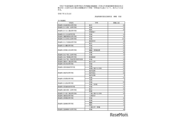 令和7年度茨城県立高等学校 第2次募集実施校＜全日制＞