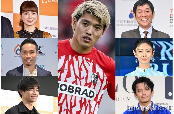 (中央)堂安律選手、(左上から)平愛梨、長友佑都選手、三笘薫選手(右上から)明石家さんま、山田優、小栗旬(C)モデルプレス