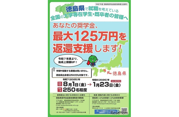 【全国枠】2025年度徳島県奨学金返還支援制度「助成候補者」募集