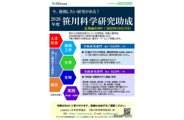 若手の研究を支援する笹川科学研究助成、2026年度パンフレット