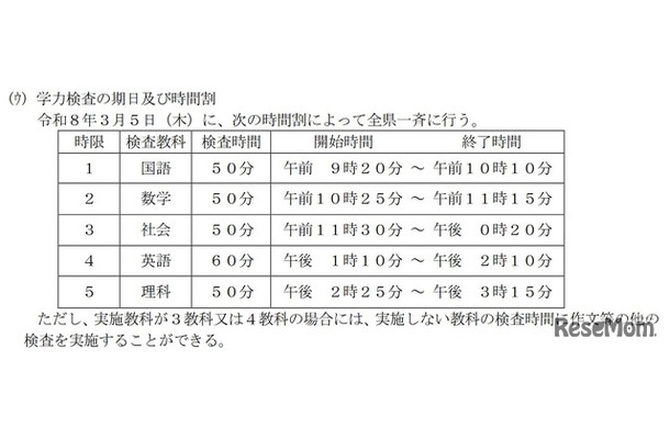 学力検査の期日・時間割