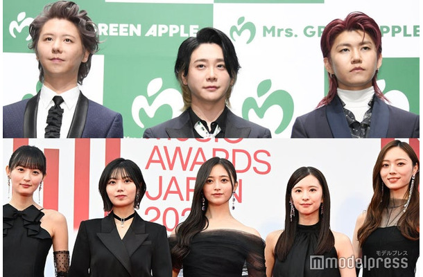 （上段から）Mrs. GREEN APPLE、遠藤さくら、中西アルノ、井上和、菅原咲月、梅澤美波／乃木坂46（C）モデルプレス