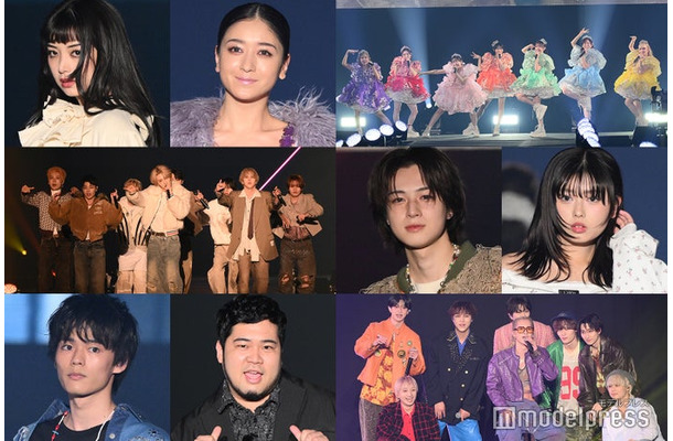 (上段左から)池⽥エライザ、池⽥美優、FRUITS ZIPPER(中段左から)MAZZEL、佐野雄⼤、⻑浜広奈(下段左から)日向亘、松井ケムリ、BUDDiiS(C)モデルプレス