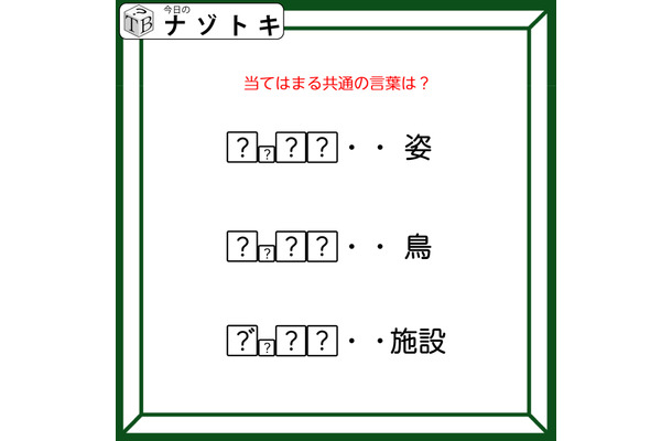 クイズです！「姿、鳥、施設を表す、共通の言葉を導きましょう」？には同じ文字が入ります【難易度LV３.・中辛】