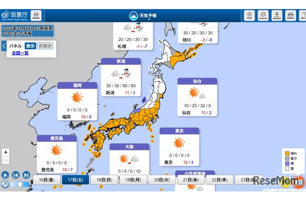 全国の天気予報、共通テスト1日目（2026年1月17日）