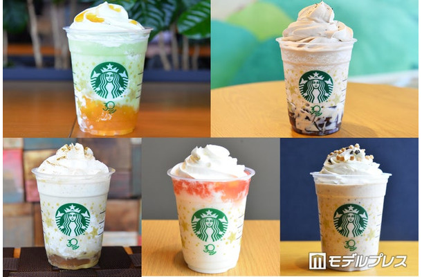 （左上から時計回り）THE フラペチーノ of メロン of メロン、THE フラペチーノ of コーヒー ジェリー、THE フラペチーノ of チャンキー クッキー、THE フラペチーノ of フルーツ-オン-トップ-ヨーグルト with クラッシュ ナッツ、THE フラペチーノ of 加賀 棒ほうじ茶（C）モデルプレス