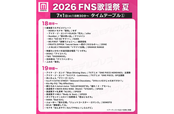 「2026 FNS歌謡祭 夏」タイムテーブル（C）モデルプレス