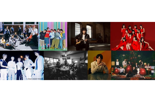 （上段左から）INI、NCT WISH、斉藤和義、Juice＝Juice（下段左から）TOMORROW X TOGETHER、BE:FIRST、福山雅治、MAZZEL（提供写真）