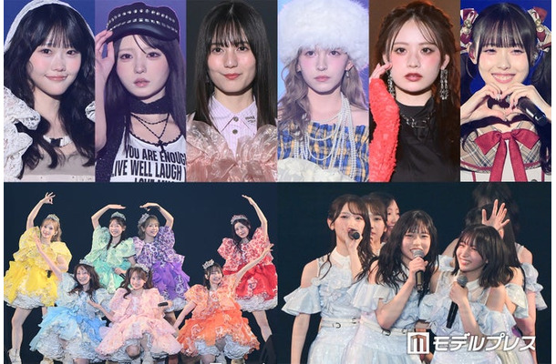 (左から)遠藤まりん、市原愛弓、小坂菜緒、早瀬ノエル、立花琴未、松本ももな(下段左から)FRUITS ZIPPER、日向坂46(C)モデルプレス