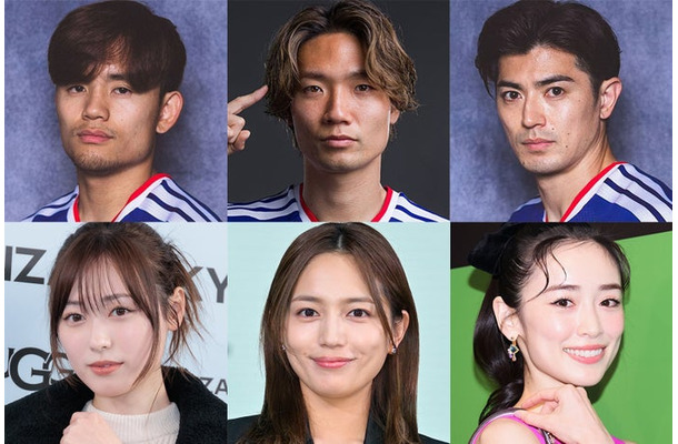 （上段左から）久保建英、板倉滉、谷口彰悟／Photo by Getty Images（下段左から）福原遥、川口春奈、泉里香（C）モデルプレス