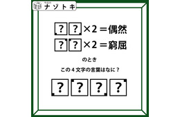 クイズです！「？？×２＝偶然」、「？？×２＝窮屈」？それぞれハテナに入るふたつの文字を考えて４文字の言葉を導きましょう【難易度LV３.・中辛】