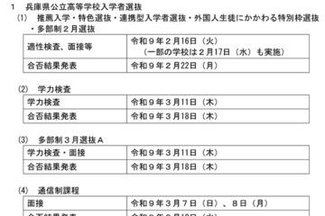 【高校受験2027】兵庫県公立高の入試日程、学力検査3/11 画像